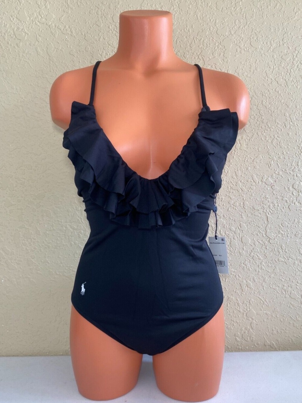 Polo Ralph Lauren double ruffle one-piece swimsuit navy deep V-neck criss cross